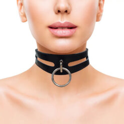 Close-up of a woman wearing a black leather BDSM choker with a metal ring, highlighting fetish accessories and adult intimacy products for enhanced pleasure and role-play.