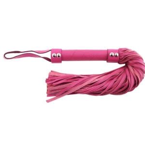 A pink leather whip with a metal handle.