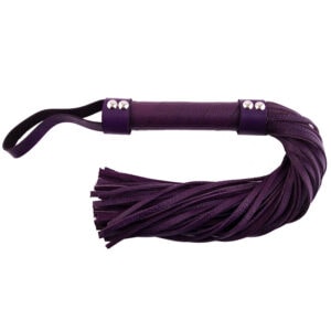 A purple leather whip with a metal handle.