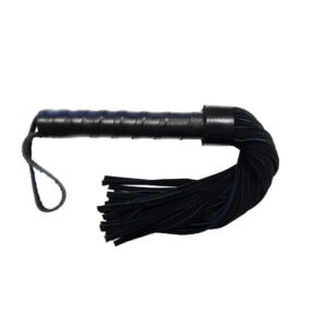 A black and blue tassle with a black handle.