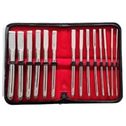 A set of stainless steel tweezers in a case.