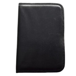 Discreet black leather personal organiser for secure storage of documents and essentials.