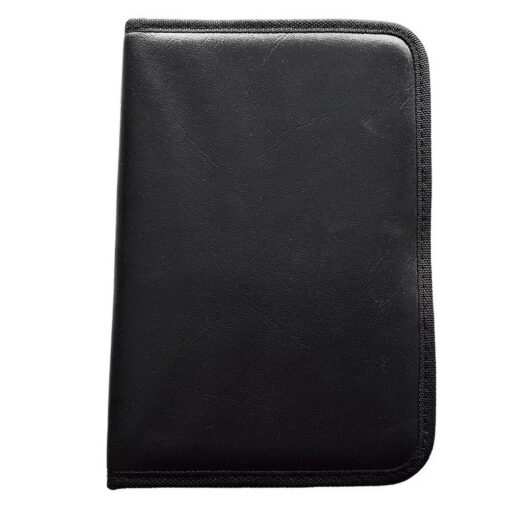 A black leather wallet on a white background.