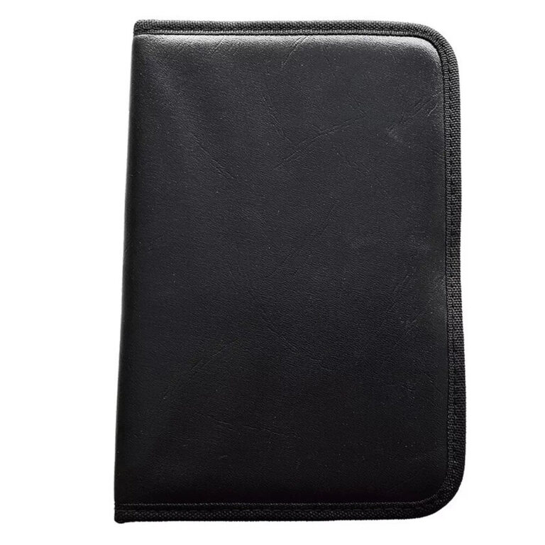 Discreet black leather personal organiser for secure storage of documents and essentials.
