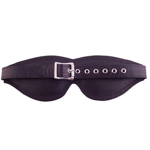A black leather eye mask with a metal buckle.