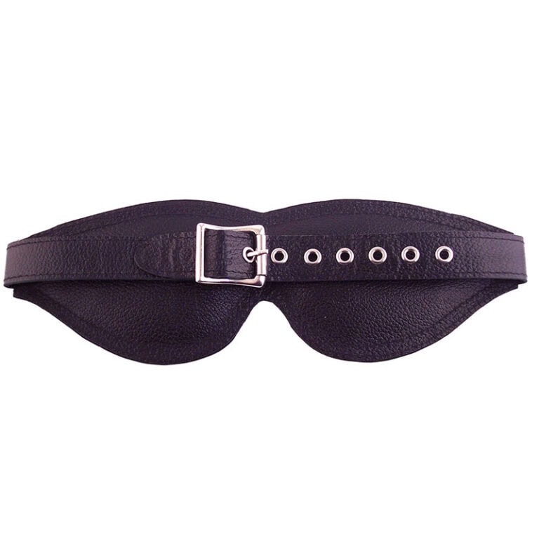 Eye mask for sensual and sleep privacy, made of black leather with adjustable strap and buckle, designed for intimate use and enhancing relaxation or sleep quality.