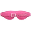 A pink leather belt with a metal buckle.