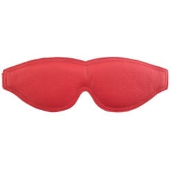 A red leather eye mask on a white background.