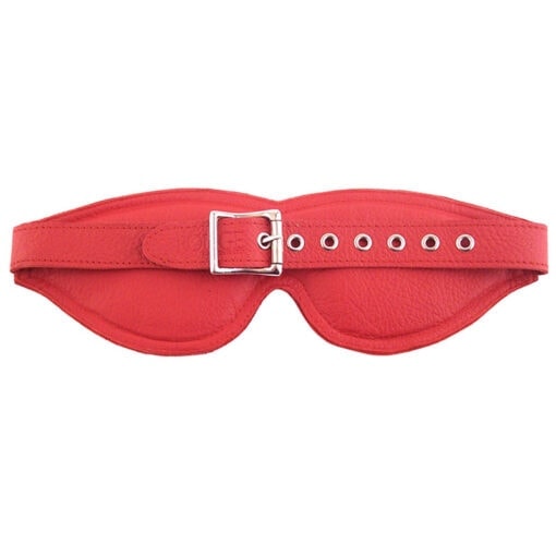A red leather eye mask with a metal buckle.