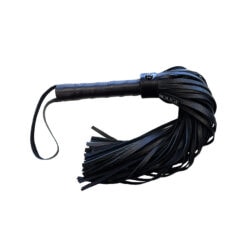 A black leather whip with a handle.