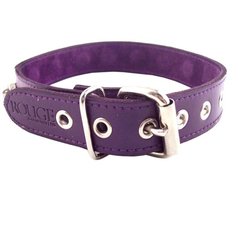 Violet leather BDSM collar with sturdy metal buckle and grommets, designed for adult intimacy and fetish play. Perfect for enhancing BDSM experiences with stylish and durable accessories.