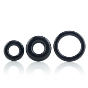Three black rubber o-rings on a white background.