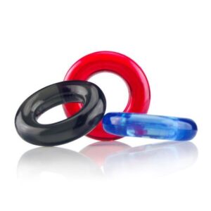 A set of red, blue and black rings on a white surface.