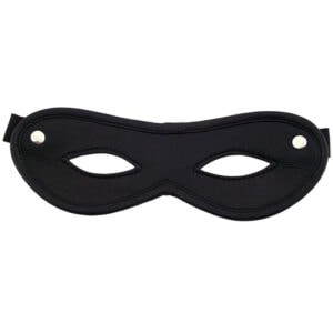 A black leather mask on a white background.