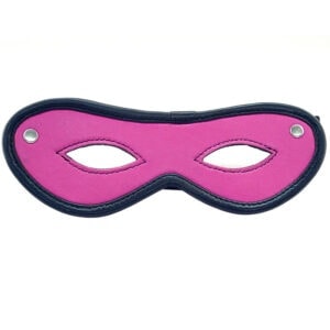 A pink and black mask on a white background.