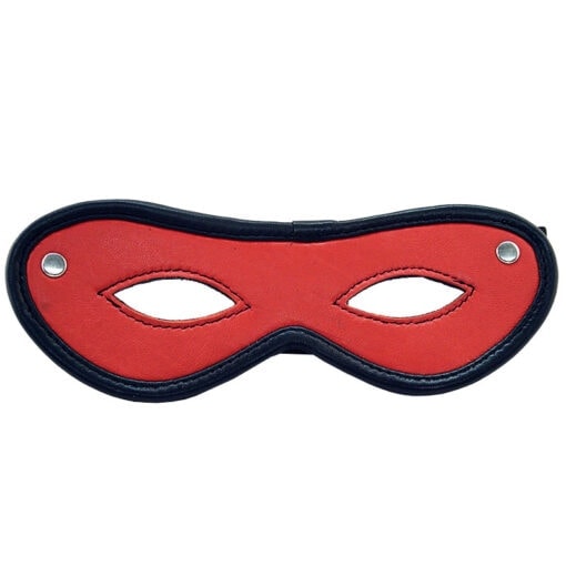 A red and black mask on a white background.