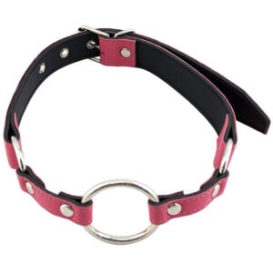 A pink leather collar with an octagon buckle.