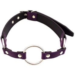 A purple leather collar with a metal ring on it.