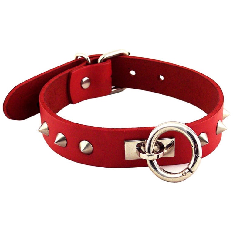 Spiked red leather collar with metal ring, ideal for BDSM, fetish, and adult intimacy accessories, showcasing high-quality, stylish, and provocative adult lifestyle products.