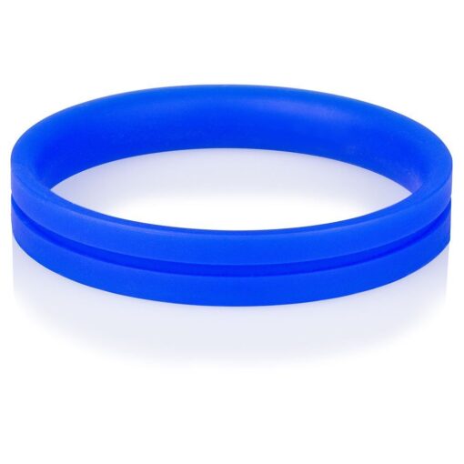 A blue rubber bangle on a white background.