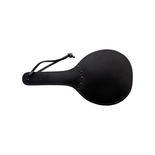 A black plastic spoon with a handle on a white background.