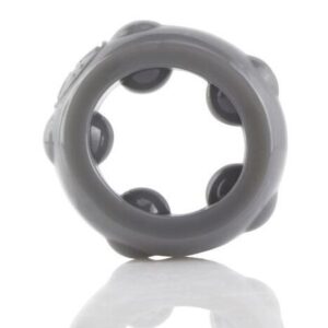 A gray plastic ring with black balls on it.