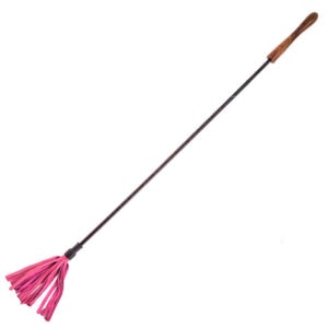 A pink broom with a wooden handle.