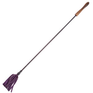 A purple leather broom with a wooden handle.