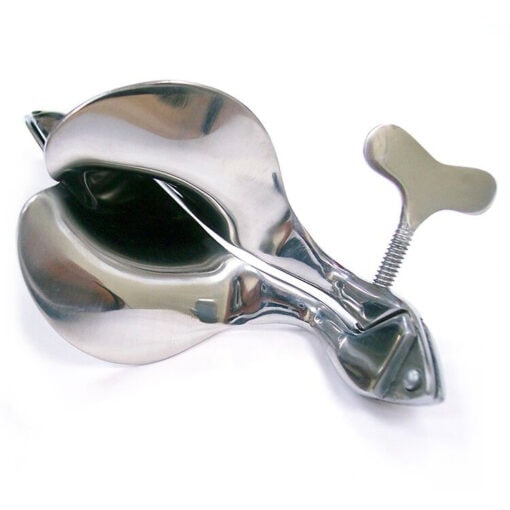 A stainless steel spoon with a handle on a white surface.