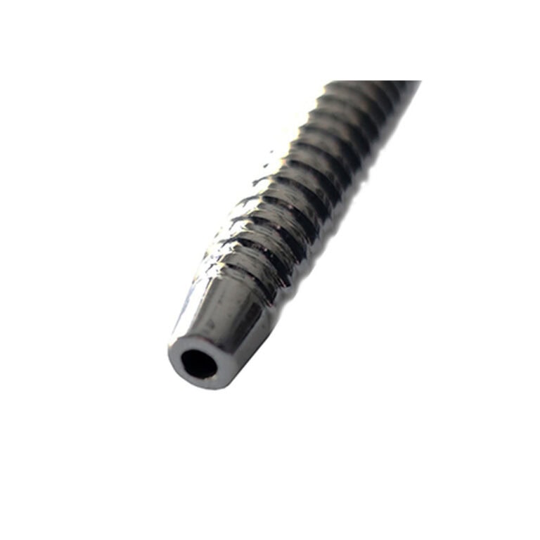 Close-up of a sleek, metallic, flexible tube used in sextech products, highlighting high-quality materials and advanced design for enhanced intimacy and personal wellness.