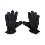 A pair of black leather gloves on a white background.