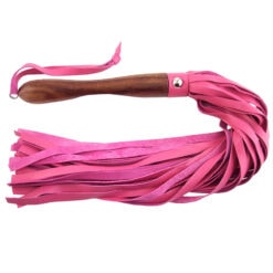 A pink leather whip with a wooden handle.