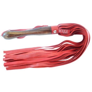 A red leather whip with a wooden handle.