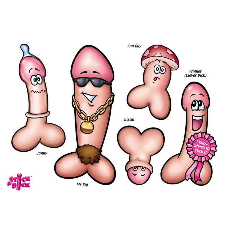 Fun, colourful illustration of animated sex toys with personalities, including a cool guy, a winner, and a humorous character, ideal for adult novelty branding.