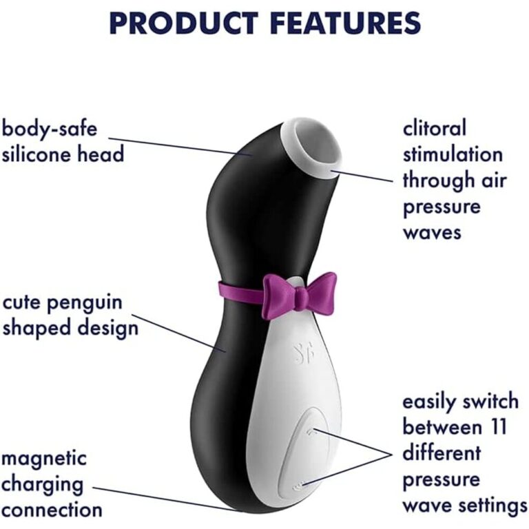 High-quality sextech device with body-safe silicone, clitoral stimulation via air pressure waves, and magnetic charging. Features a cute penguin design, 11 pressure wave settings, and easy switch for.