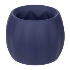 A blue plastic cup with a curved shape.