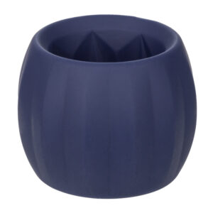 A blue plastic cup with a curved shape.