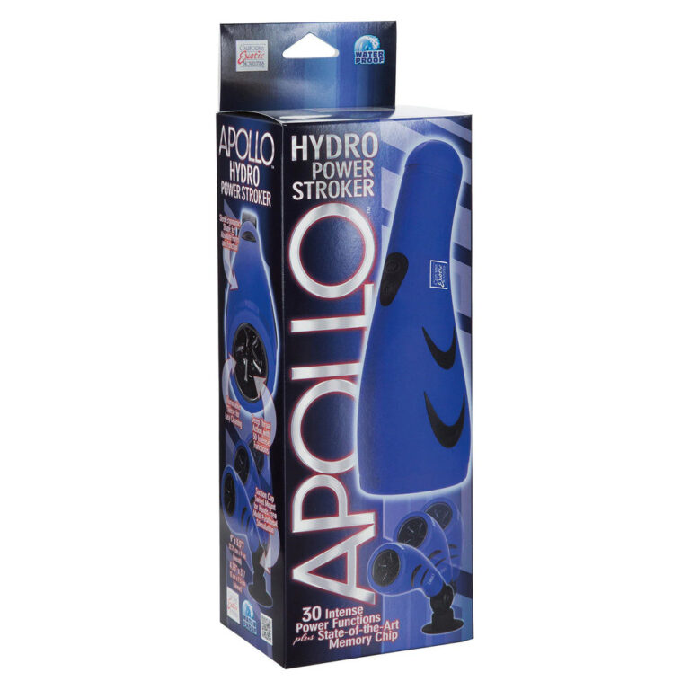 Waterproof Apollo Hydro Power Stroker with 30+ functions, designed for ultimate male pleasure, featuring waterproof technology, multiple vibration modes, and a sleek blue design for discreet use.
