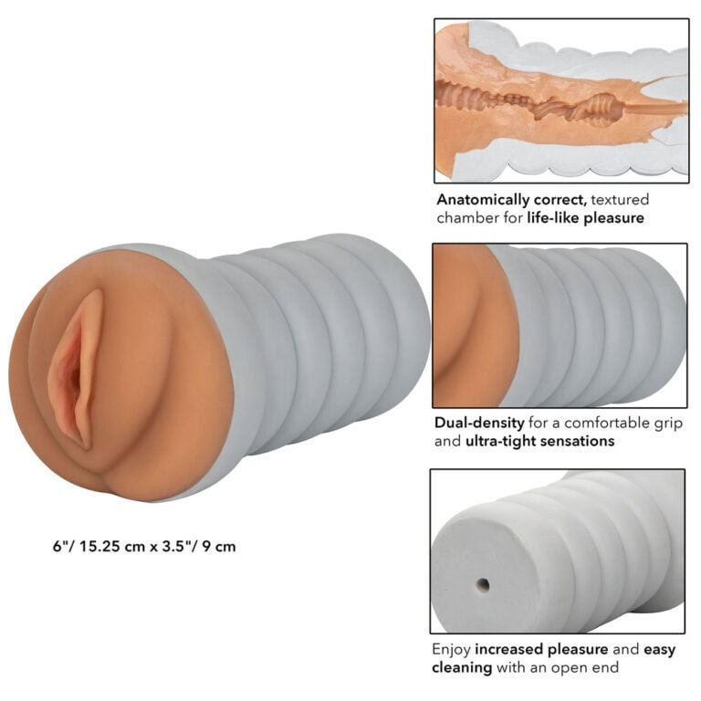 A highly realistic sex toy sleeve with textured interior for lifelike sensation, dual-density design for a comfortable grip, and easy cleaning with an open end.