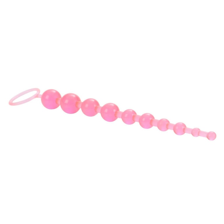Pink beaded anal plug designed for adult pleasure, featuring a series of graduated beads for comfortable insertion and enhanced sensation during intimate activities.