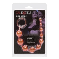An image of CalExotics X-10 Beads, a flexible, durable pleasure accessory designed for comfort and easy retrieval, featuring a sleek design with orange beads and a loop handle, ideal for enhancing int.