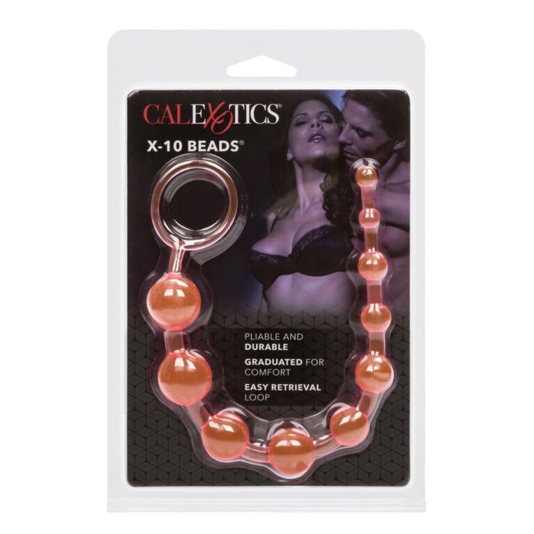 An image of CalExotics X-10 Beads, a flexible, durable pleasure accessory designed for comfort and easy retrieval, featuring a sleek design with orange beads and a loop handle, ideal for enhancing int.