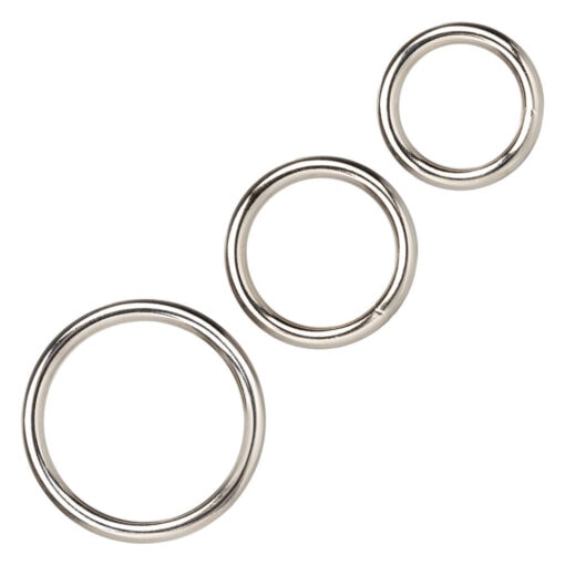 Three stainless steel rings on a white background.
