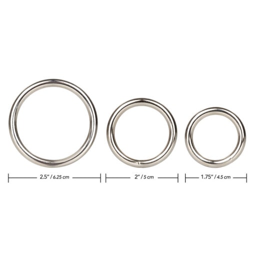A set of three stainless steel ring sizes.