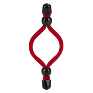 A red and black ring with black beads.