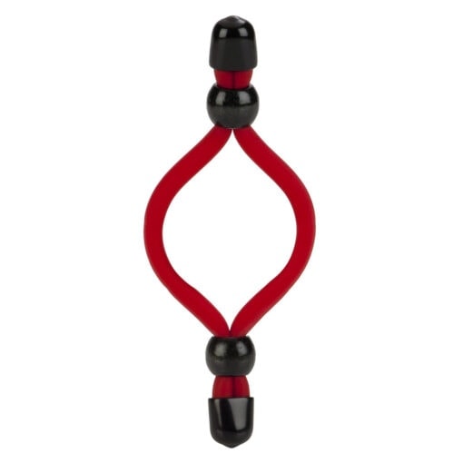 A red and black ring with black beads.