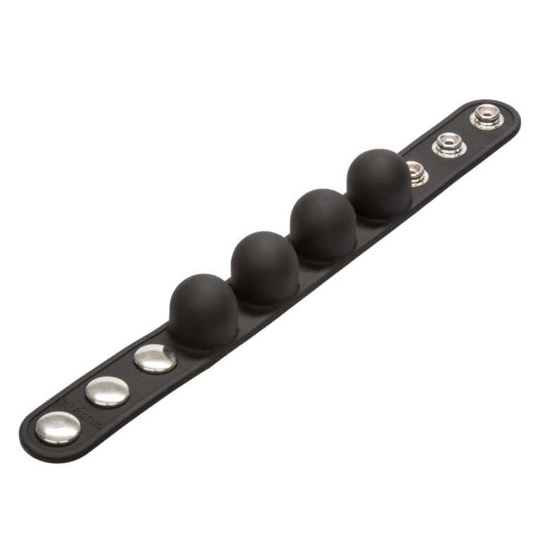 High-quality BDSM sensation control device with four adjustable black silicone balls on a durable strap, ideal for enhancing sensory play and restraint experiences.