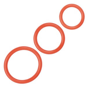 Three orange o-rings on a white background.