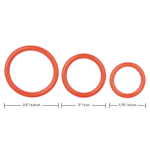 A set of three orange o-rings with measurements.