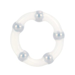 A white plastic ring with silver balls.